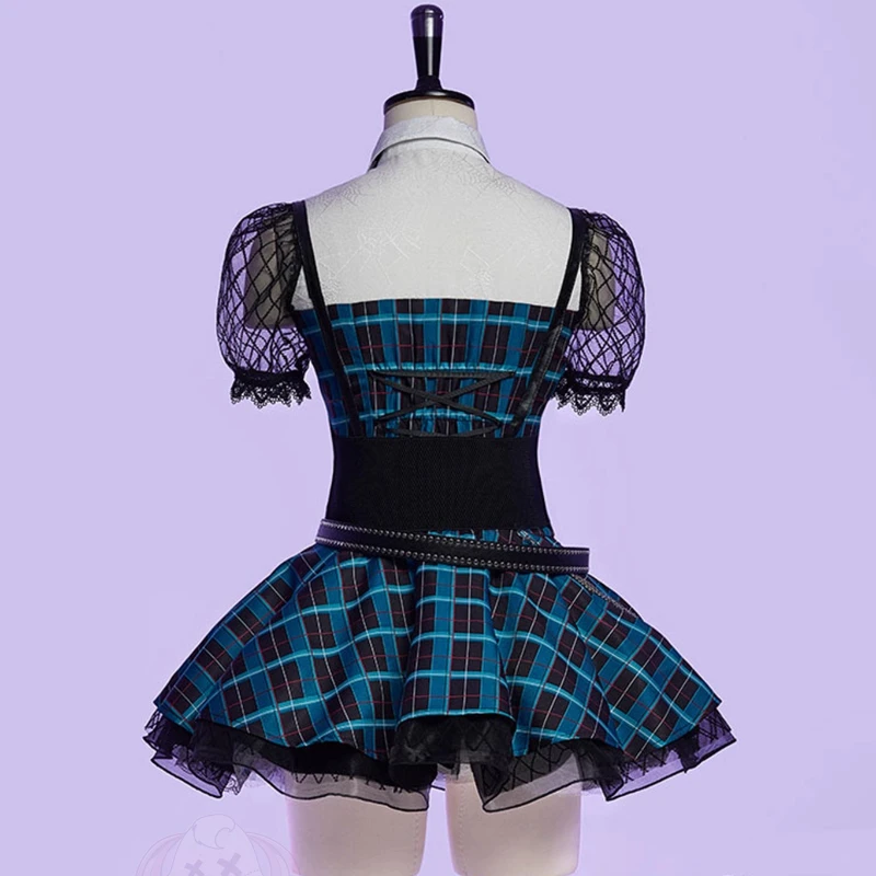 Original Design Blue Plaid Lace Splicing Hollow Out Women's Dress New Halloween Sweet Cool Cute Puff Sleeve Short Dresses Girl