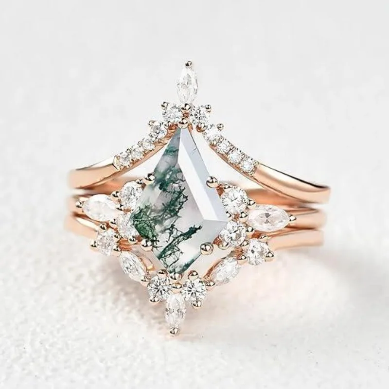 Anel feminino criativo de pedra de musgo verde, ágata natural, anéis de noivado de três peças para mulheres, joias, anel de casamento