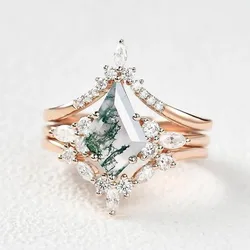 Creative Green Moss Stone Women's Ring Natural Agate Three-piece Engagement Rings for Women Jewelry Wedding Ring