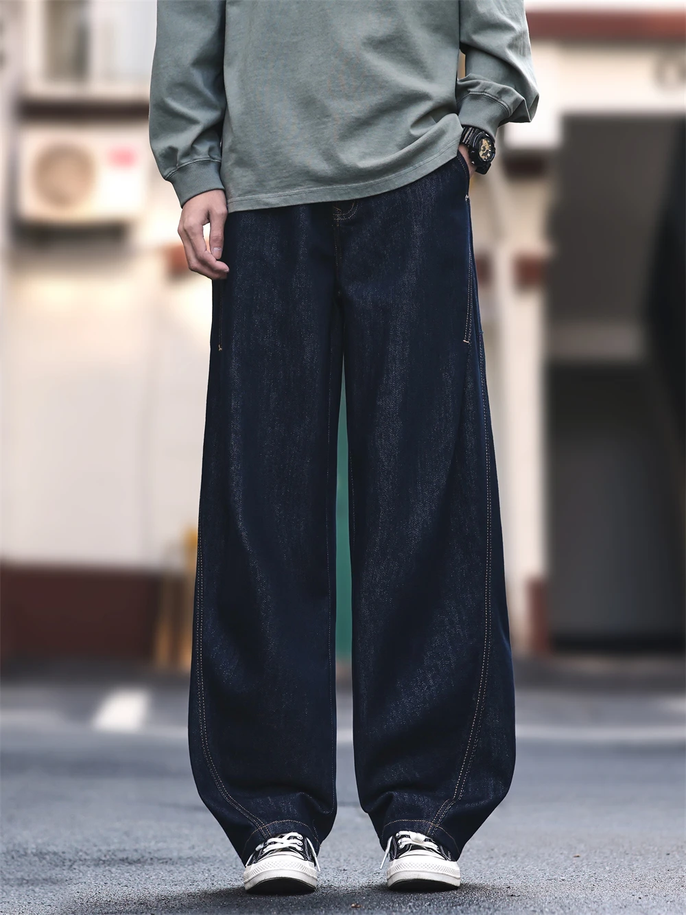 Original Color American Style Men's Loose Straight Leg Jeans Winter Casual Wear Resistant Curved Knife Pants Wide Leg Trousers