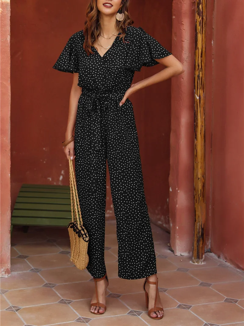 Dot Print Ruffle V-Neck Jumpsuits Summer Women Casual Loose Homewear Vintage Short Sleeve Playsuits 2021 Boho Rompers Overalls