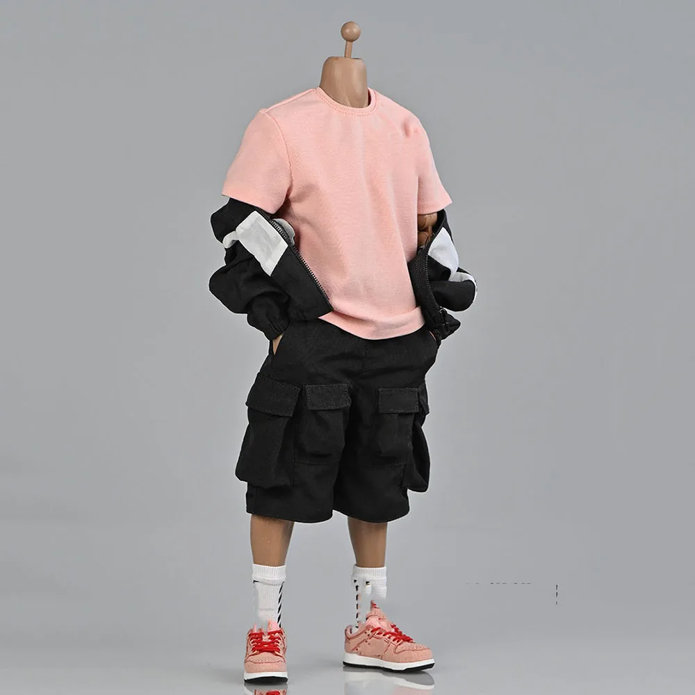 1/6 Scale Male Figure Accessory Trendy Cargo Shorts Loose Wide Legs Work Shorts Pink T-shirt Black Jacket Model for 12'' Body