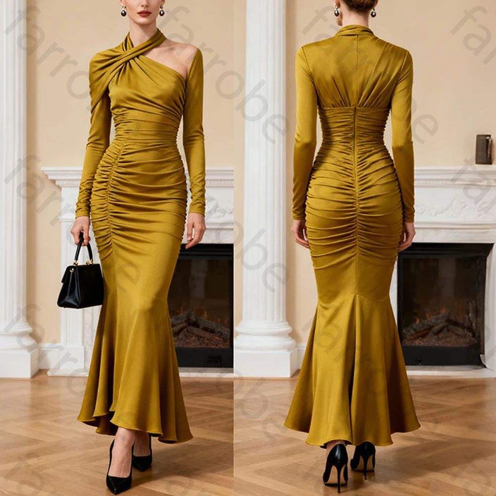 أنيقة طويلة الأكمام حورية البحر Bodycon فساتين السهرة مثير الطية فستان المشاهير رائعة عالية الجودة حفلة موسيقية ثوب مخصص #1
