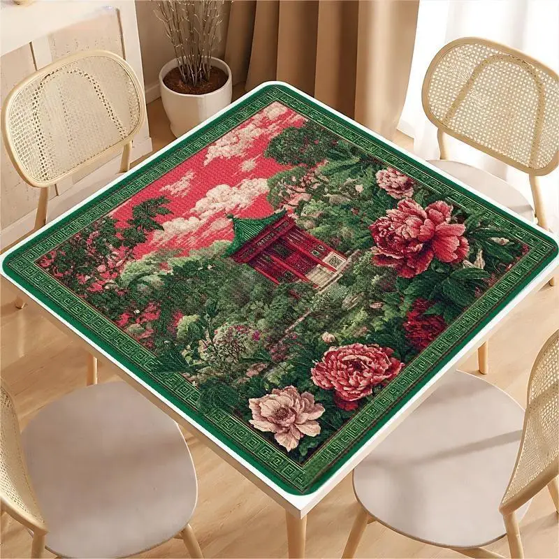 VIKAMA Chinese Peony Crystal Velvet Mahjong Mat Silent Non Slip Soft Foldable American Mahjong Poker Home Decor