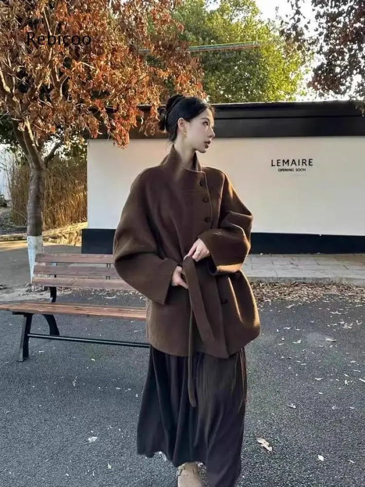 Elegant Women Wool Blend Short Outerwear Asymmetric Placket Stand Collar Long Sleeve Relaxed Fit Coat With Waist Tie Detail