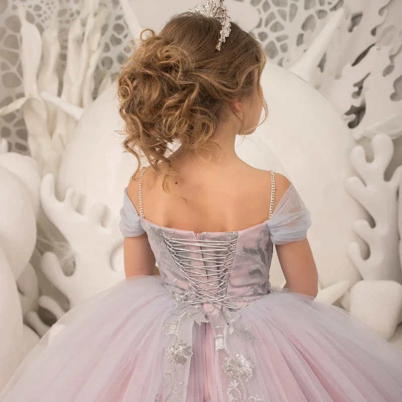 Birthday Banquet Princess Gowns Flower Girl Dresses Light Purple Tulle Puffy With Patterned Appliques Sleeveless For Wedding