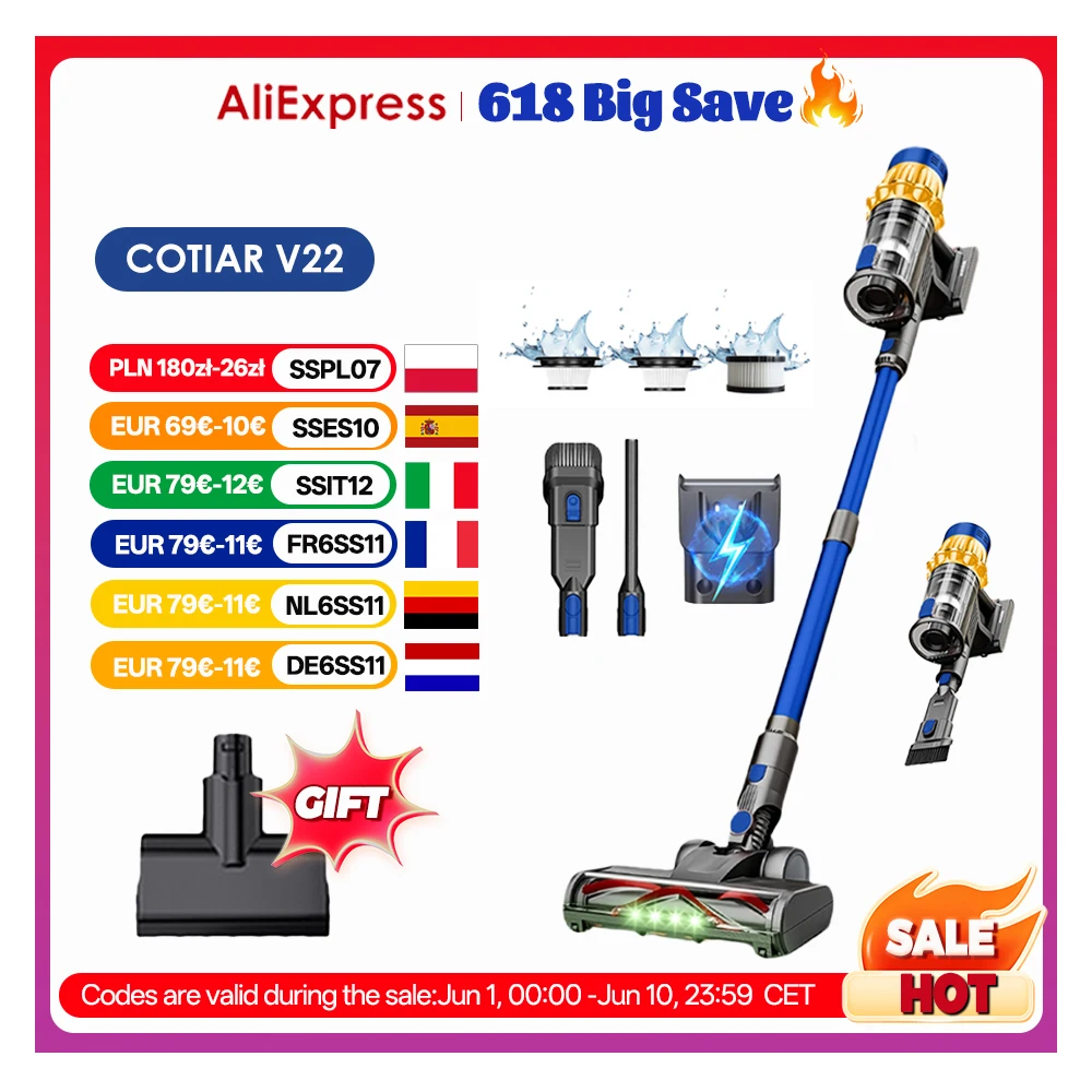 COTIAR V22 650W aspirateur sans fil 55kPa puissance d'aspiration aspirateur sans brosse capacité 1,2 l affichage LED pour tapis de sol poils d'animaux