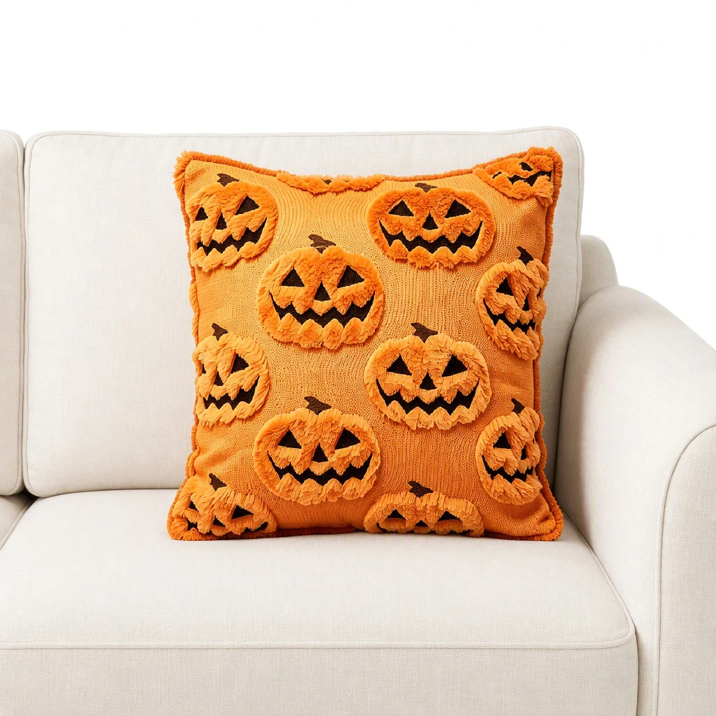 Polyester Halloween Throw Pillow Cover 18x18 Pumpkin Ghost Plush Faux Fur Embroidery Hidden Zipper Cushion