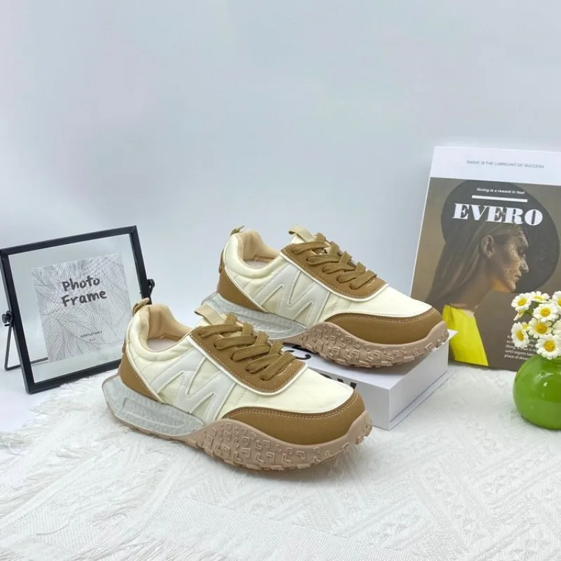 Women Two Tone N Logo Retro Sneakers Khaki Cream Patchwork Rugged Tire Sole Height Increase Casual Running Trainers