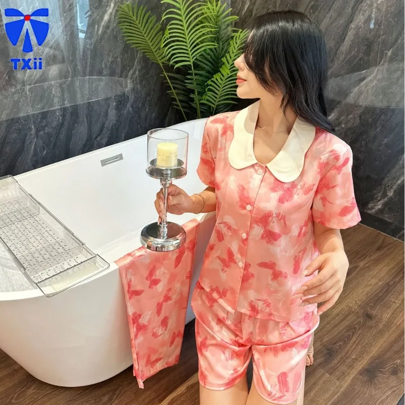 

2024 Summer New Ice Silk Short-sleeved Butterfly Printed Women's Three-piece Suit High-end Outer Wearing suit