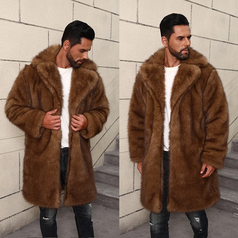 Nouveau Manteau chaud épais en fausse fourrure pour hommes mi à Long col de costume britannique veste chaude en fausse fourrure