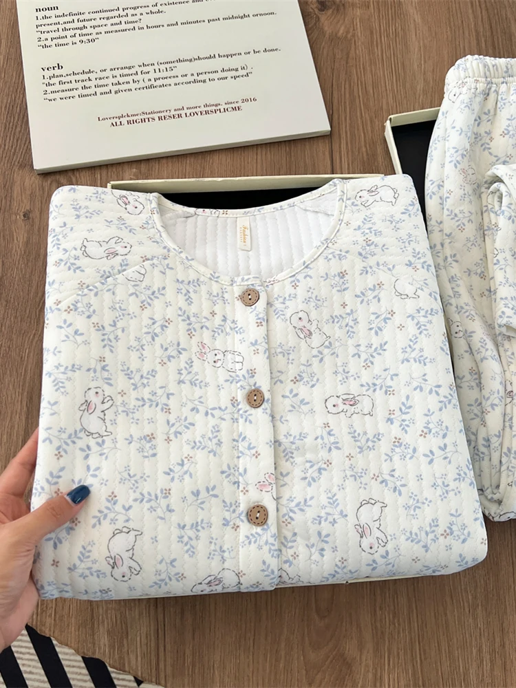 

Sweet Floral Cotton Sleepwear Women's Long Sleeve round Neck Home Clothes Set Warm Air Cotton Cute Rabbit Winter Outfit