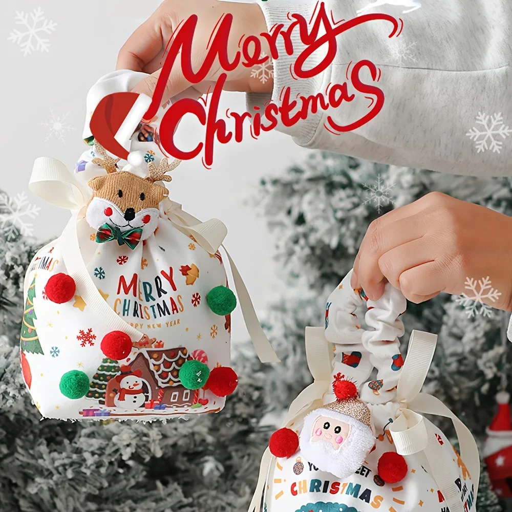 قطعة واحدة من أكياس هدايا عيد الميلاد مع إغلاق برباط - أكياس هدايا لحفلات الأعياد قابلة لإعادة الاستخدام مع سانتا ورجل الثلج ومنزل خبز الزنجبيل