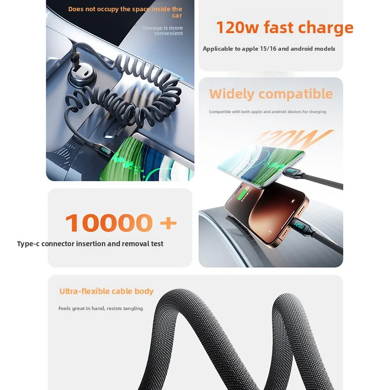 Kabel USB Typ C 6A do szybkiego ładowania 120W, szybka ładowarka, wyświetlacz cyfrowy, nylonowa oplotka, USB C do iPhone 17, kabel do Androida