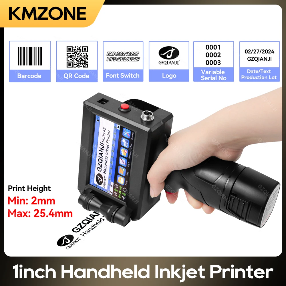 25.4mm Label Printer Handheld Inkjet Printer QR Bar Batch Code Date Number Logo Expiry Date Coding Machine Fast-drying Cartridge