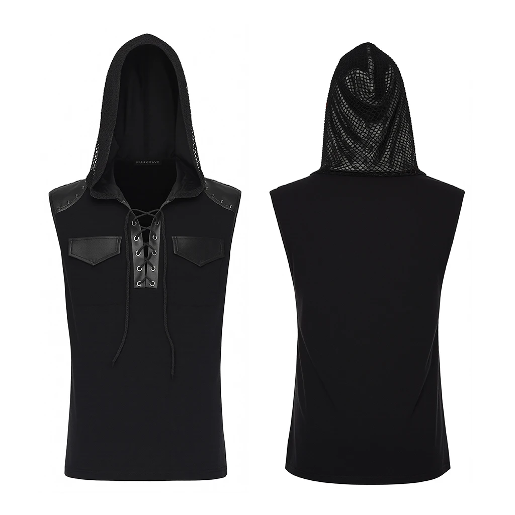 PUNK RAVE Gothic Punk Leopard Print Sleeveless Hooded Tank Top Men Lace Up Front Faux Leather Shoulder Slim Vest WT1106