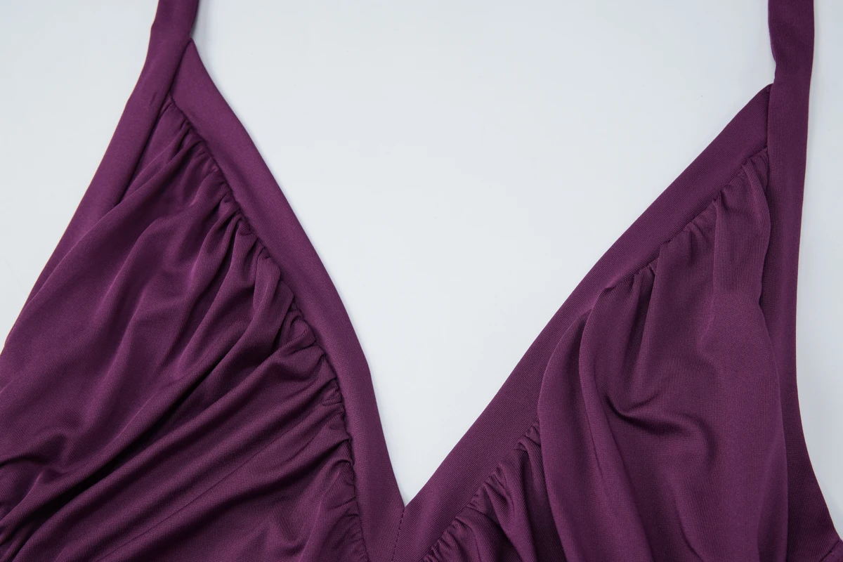 Hugcitar Damenmode V-Ausschnitt Einfarbiges Gerafftes Neckholder-Rückenfreies Schnür-Minikleid Sexy Sommerkleidung für Strand, Urlaub und Club – Detail 5