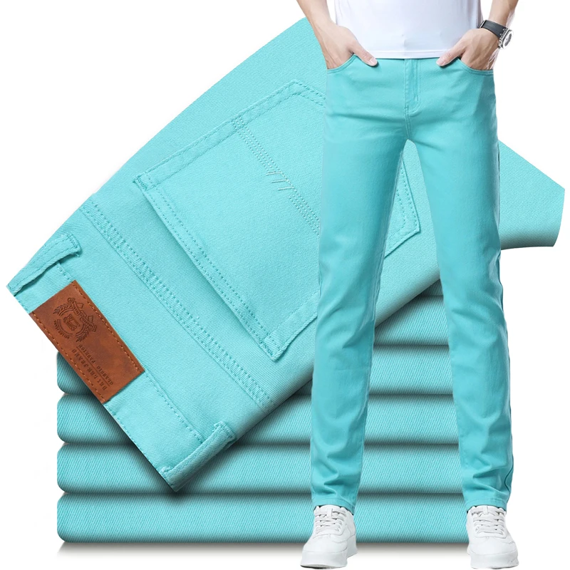 Spring New Men's Fitted Straight Jeans Comfortable Elastic Fashion Trendy Man Casual Denim Pants Brand Trousers Red Green Yellow