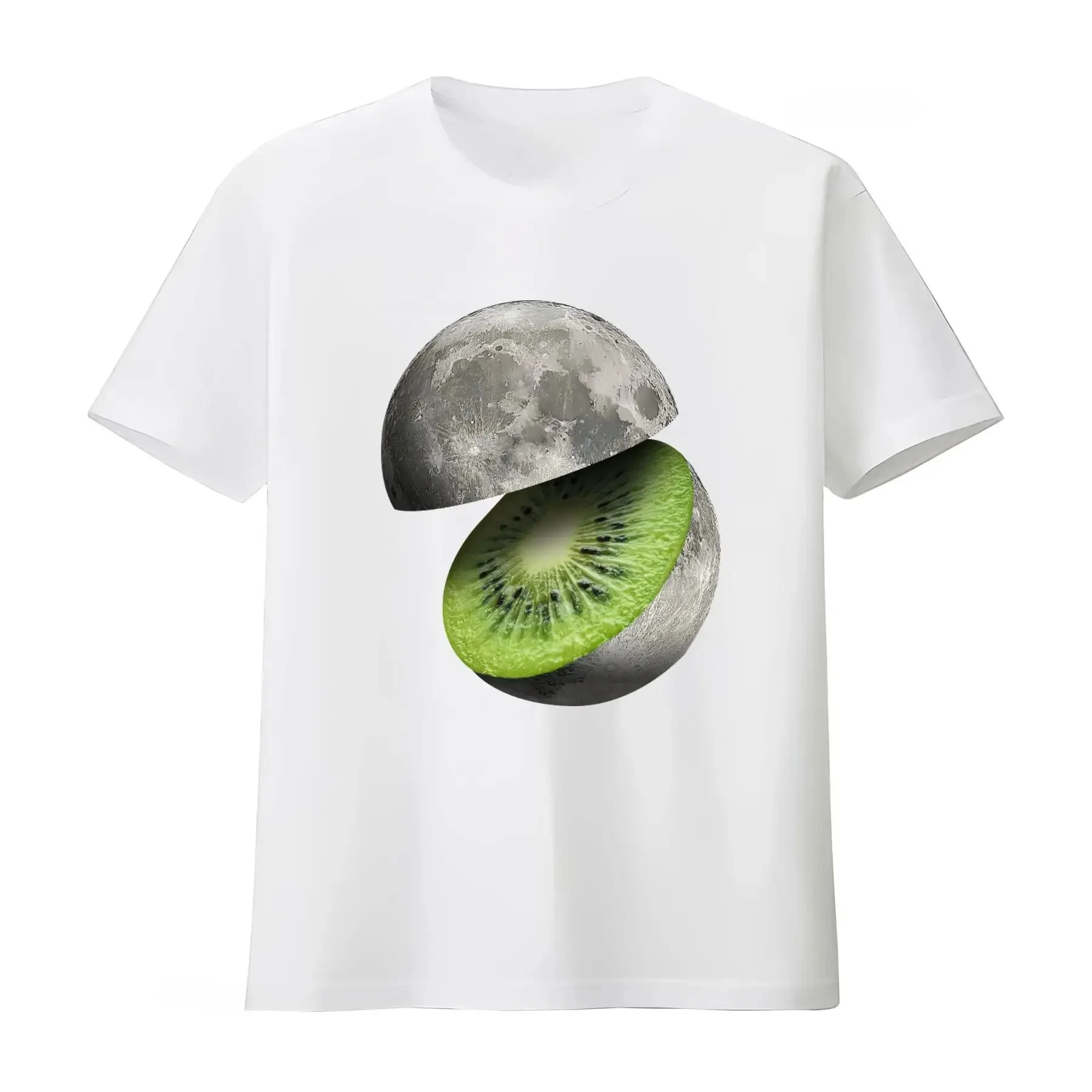 Moon Cut Kiwi Planet Space Fruit T Shirt for Adults Unique Astronomy Design vintage Washed Top For Everyday Wear Stretched