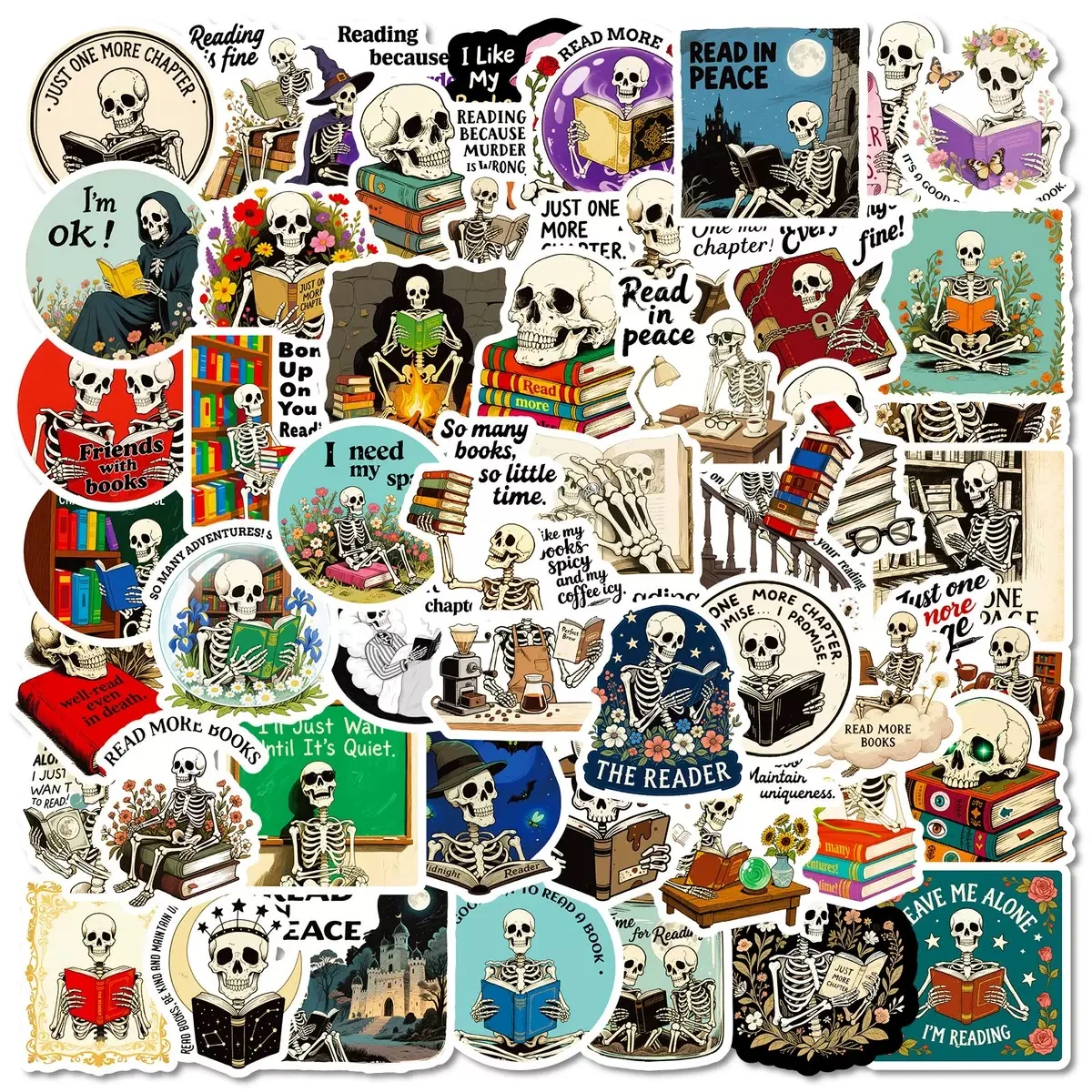 

10/56pcs Funny Dark Romance Skeleton Skull Reading Book Stickers DIY Scrapbooking Phone Luggage Skateboard Waterproof Decals