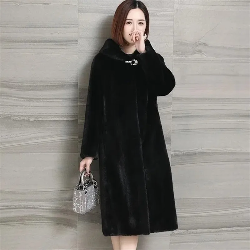 2024 New Fashion Female Mink Faux fur Coat Black Loose Thicken Mother\'s Hooded Jacket Women\'s Winter Warm Long Parkas Overcoat