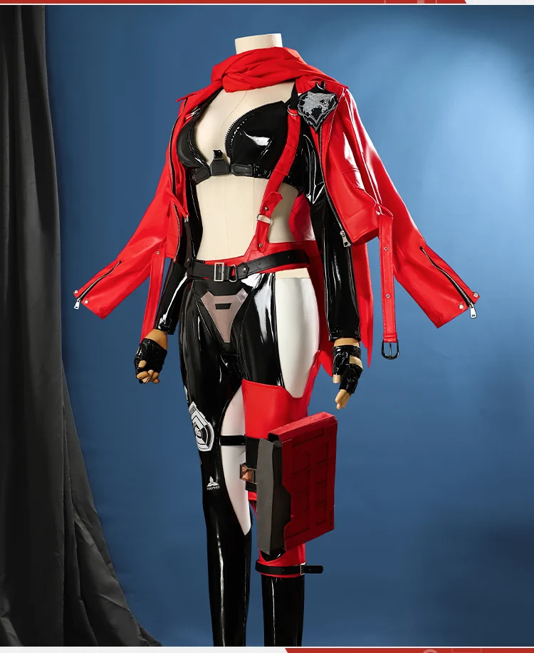 NIKKE-Disfraz de Caperucita roja para mujer, traje Sexy de cuero con chaqueta roja, sujetador y pantalones, uniforme de combate, ropa de Halloween