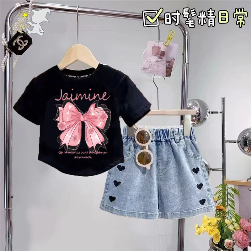 

T-shirts Top+Denim Shorts 2 Pcs Suits Kids Short Sleeve Outfits 4-12 Ye Summer Girls Sweet Clothes Sets Children Bowknot Printed