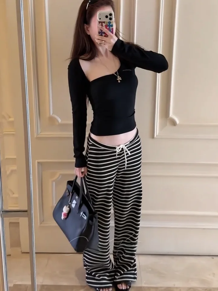 

Women's Slim Fit Long Sve T-irt V-Ne High Waist Straight Leg Pants Two Piece Set Faionable Spring Outfit