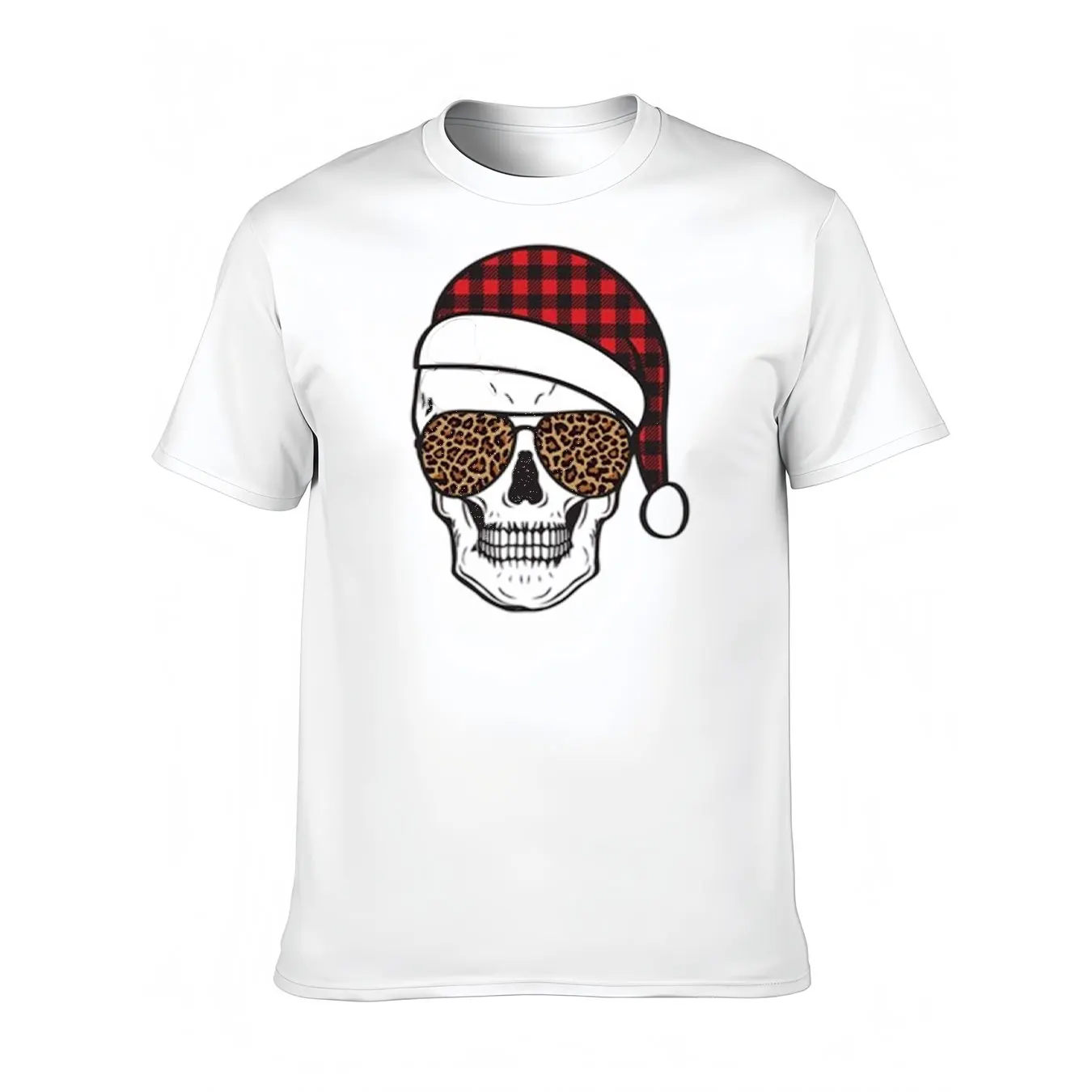 

Men's Cotton Tee With Christmas Skull And Leopard Sunglasses Print, Soft Casual Shirt For Outdoor, Holiday Gift
