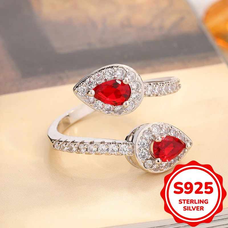 

Fashionable authentic S925 sterling silver irregular double oval ruby ​​open adjustable ring women's engagement gift jewelry