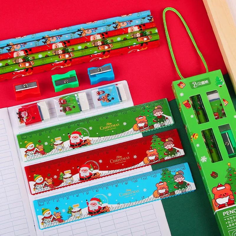 5pcs Stationery Set Pencil Ruler Sharpener Eraser Christmas Prize Gift for Kids Student Stationery Set Office Writing Supplies