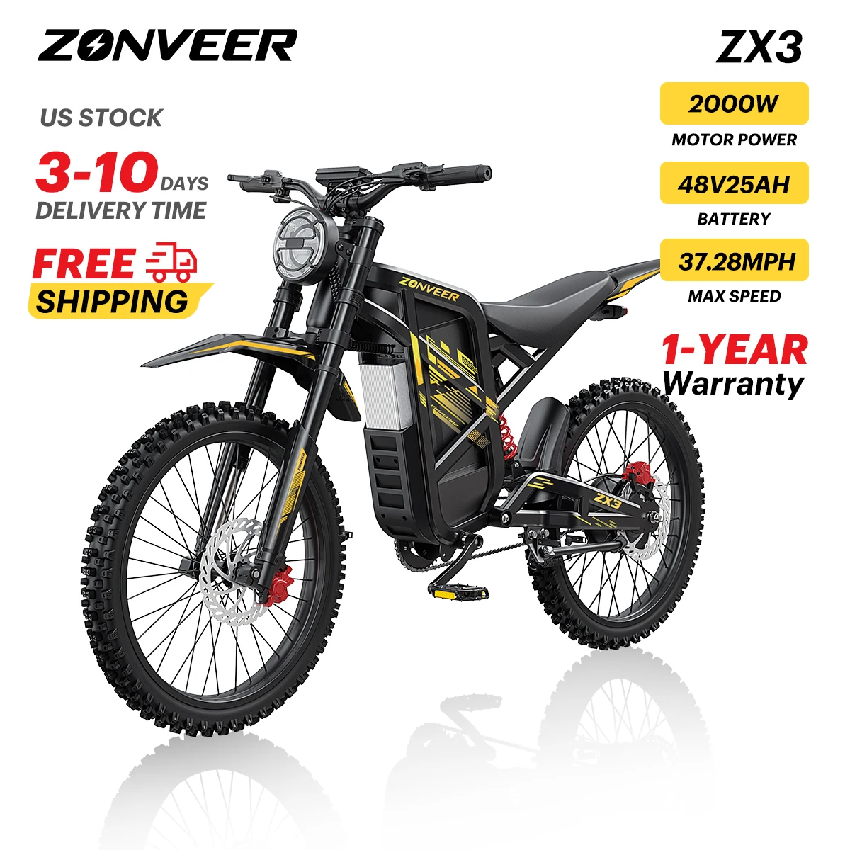 

Электрический внедорожный мотоцикл Zonveer ZX3 2000W Peak для взрослых, аккумулятор 48V 25Ah, скорость до 40 миль/ч, гидравлические тормоза