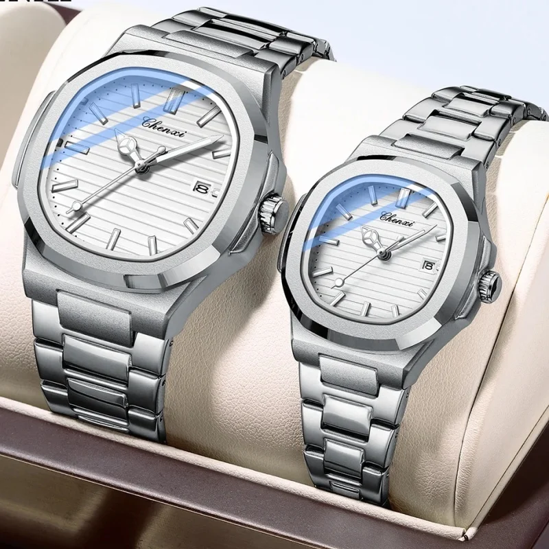 CHENXI 8222 modny zegarek kwarcowy dla par wodoodporna lampka nocna data pasek ze stali nierdzewnej Casual Date męski i damski zegarek
