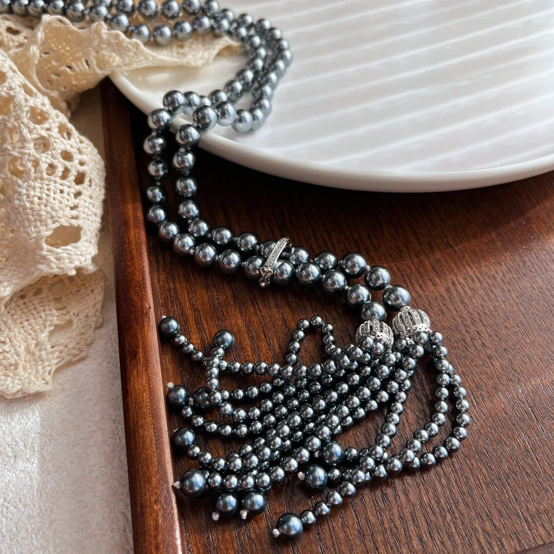 Premium platinum gray sea bead fringed sweater chain imitation pearl dark night long necklace versatile adjustable