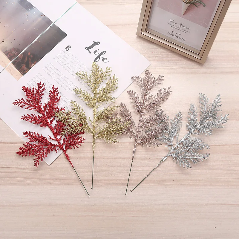 1pc Shiny Powder Plastic Golden Artificial Fake Leaves Festival Decoration Simulation Plant Glitter Powder Branch