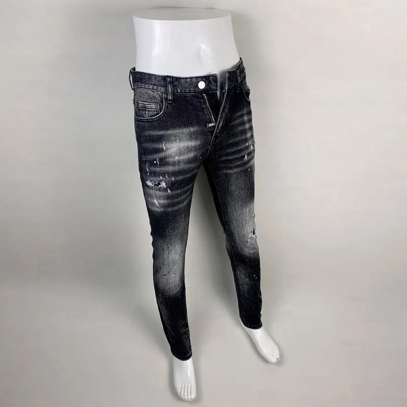 Streetwear Fashion Men Jeans High Quality Retro Black Gray Stretch Slim Fit Ripped Jeans Men Brand Designer Vintage Denim Pants