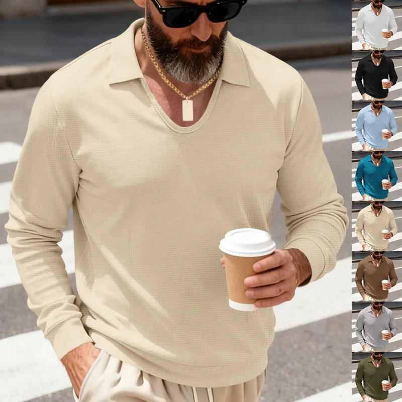 

2026 spring and autumn models American heavy-duty loose men's trend light and familiar casual V-neck POLO shirt long sleeves