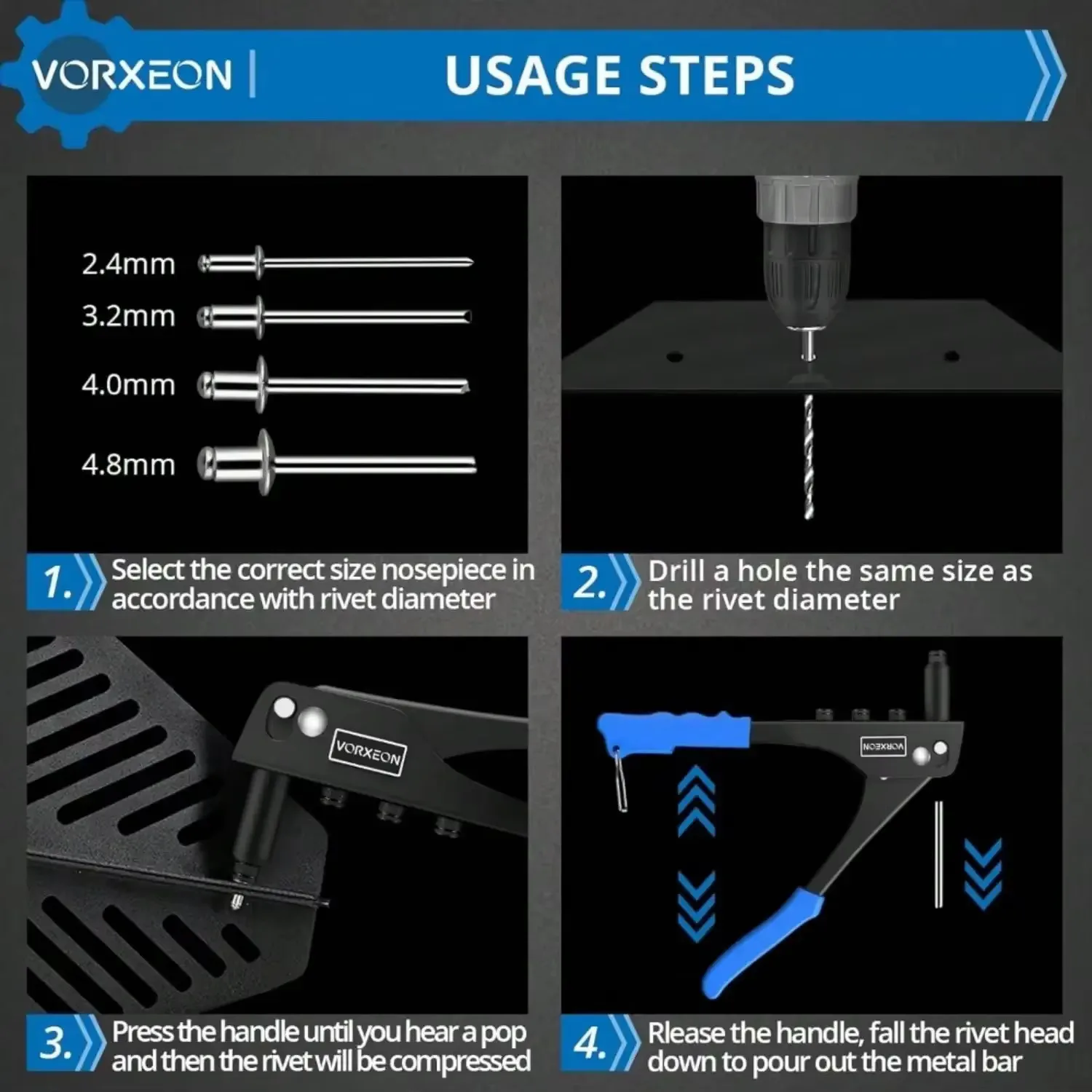 Heavy Duty Rivet Gun Hand Riveter Tool Kit with 4 Nosepieces 100 PCS Rivets Durable Professional Rivet Gun for Furniture Trailer