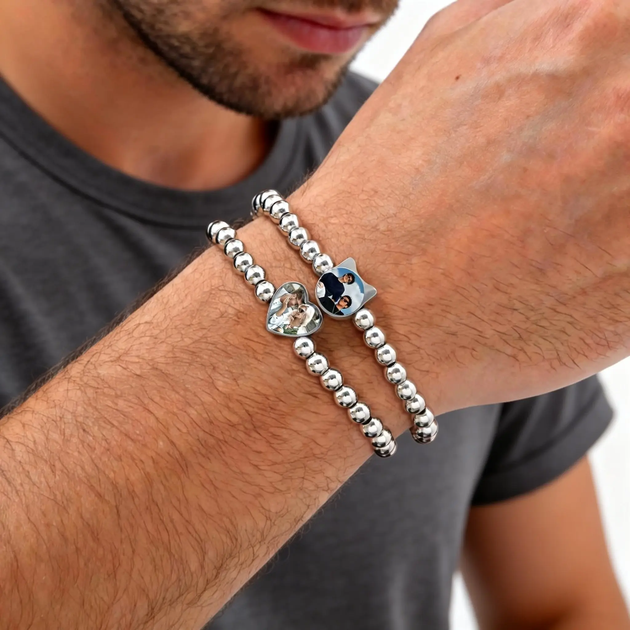 Personalisierte Foto-Armbänder für Männer, Frauen und Paare, Verstellbares Edelstahl-Metallperlen-Armband, Trendiges Schmuckgeschenk – Detail 4