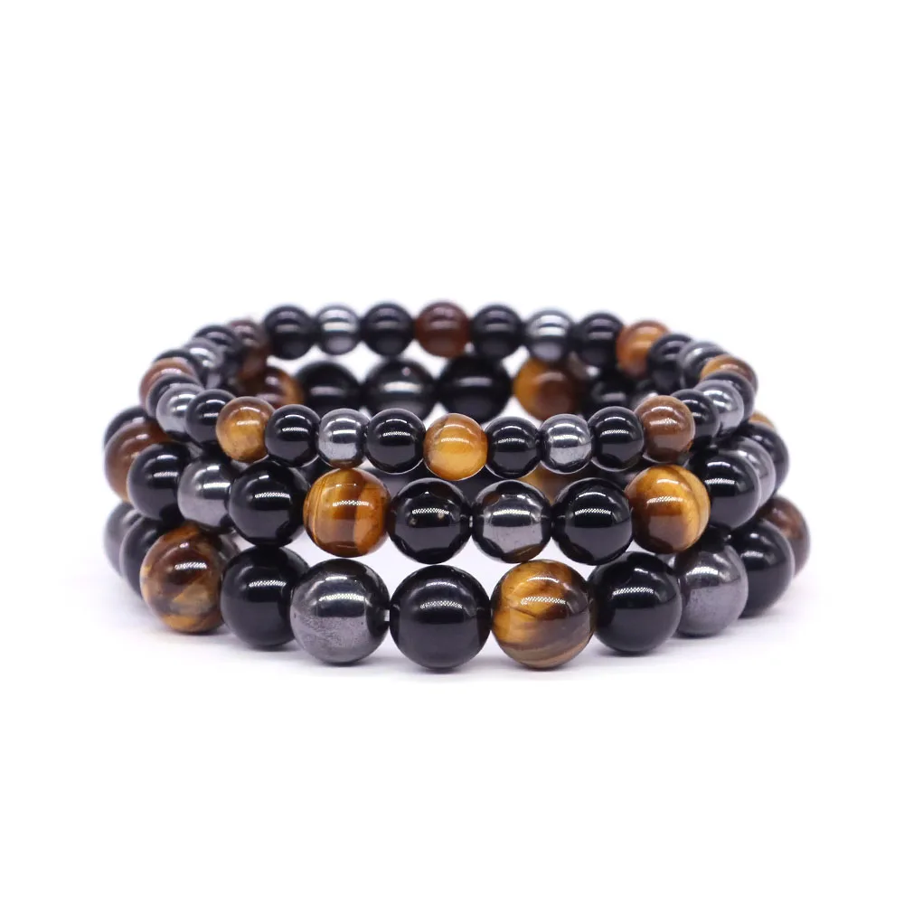 Pulsera de Triple protección para llevar suerte y prosperidad, pulseras de piedra de ojo de tigre de obsidiana negra de hematita Natural para hombres y mujeres