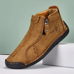 New Classic Handmade Leather Men Shoes Zipper Design Outdoor Sneakers Slip On Breathable Casual Shoes Leather Men Ankle Boots