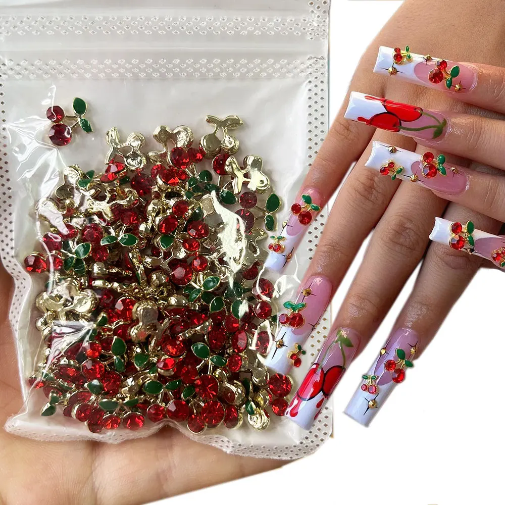 20 sztuk / worek 3D Cherry Nail Charms Red & Pink Cherry Nail Rhinestone Nail Gems Nail Glitter Stud Fruit Nail Slices for Nail Jewelry