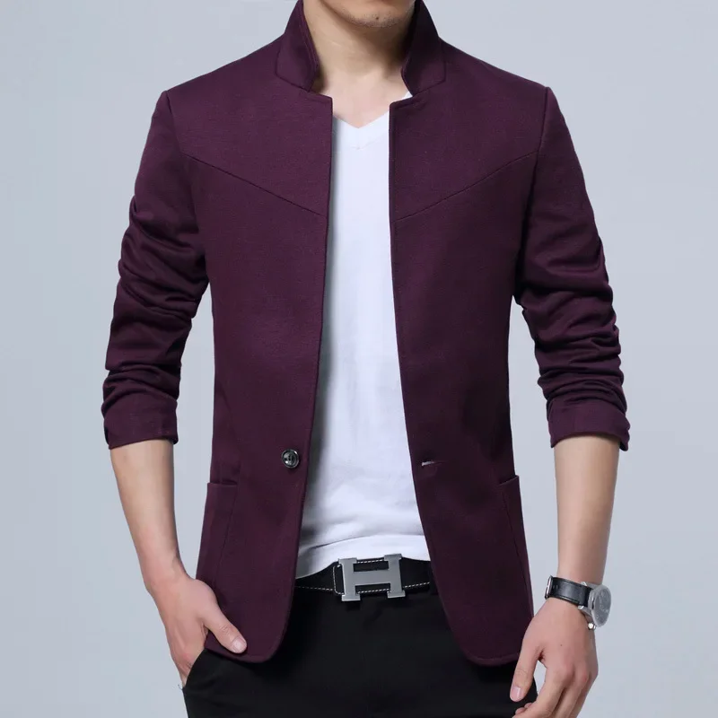 Men\'s Casual Slim Fit Solid Suit Blazer Jacket Men Wedding Dress Blazer Male Stand Collar Blazer Masculino Pluse Size FS-125