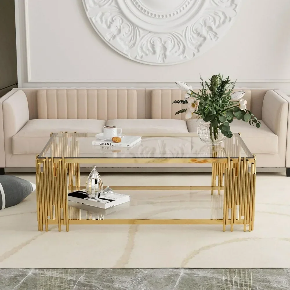 Coffee Table, Modern Living Room Table, Gold Legs, 51 Inch Rectangular Clear Tempered Glass Material Coffee Table