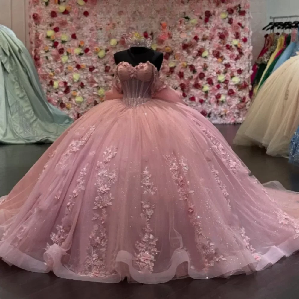 ANGELSBRIDEP-vestidos de quinceañera de color rosa brillante, con lazo grande, apliques de tul, encaje, dulce 15 16, vestidos de fiesta de cumpleaños personalizados