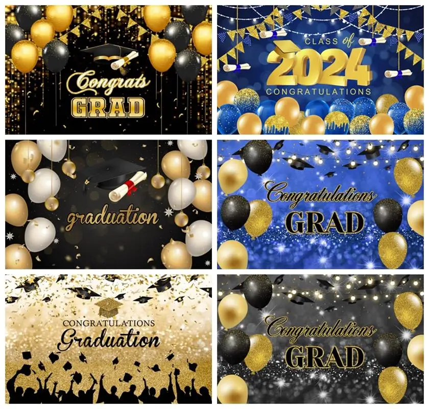 Laeacco Congrats Grad Class of 2024 Backdrop Graduation Academic Cap Boys Girls Celebration Prom Party Photography Background