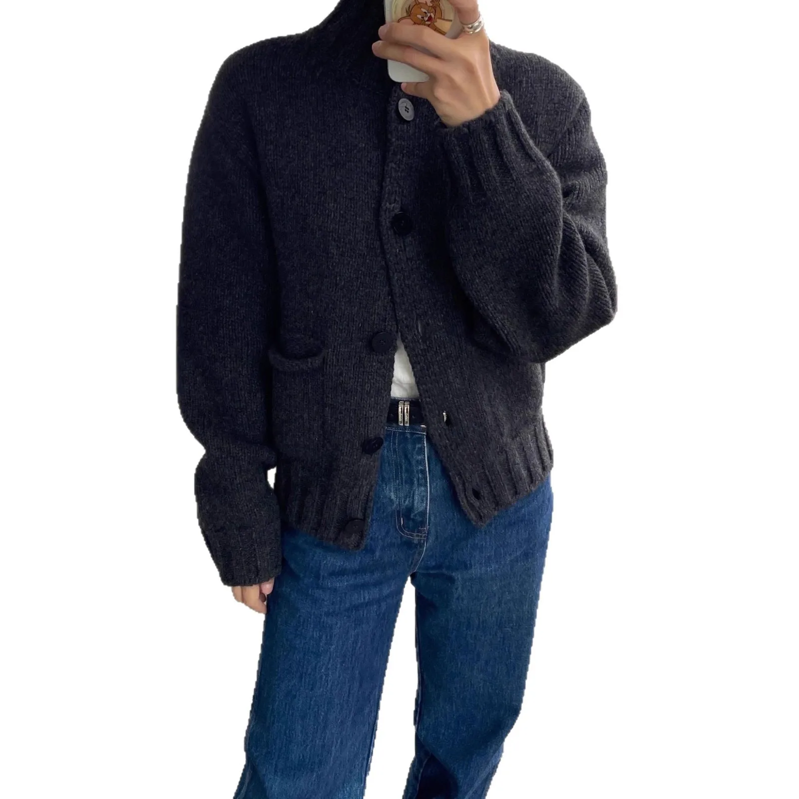 سترة كارديجان نسائية من الصوف الميرينو بياقة عالية من دونغدا جيت، سترة محبوكة سميكة بأكمام طويلة #3