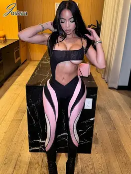 Joskaa 스트라이프 패치워크 스트레치 레깅스 여성용, 섹시한 V자형 허리 타이트 펜슬 팬츠, Y2K 스트리트웨어, 스포츠 여성 하의