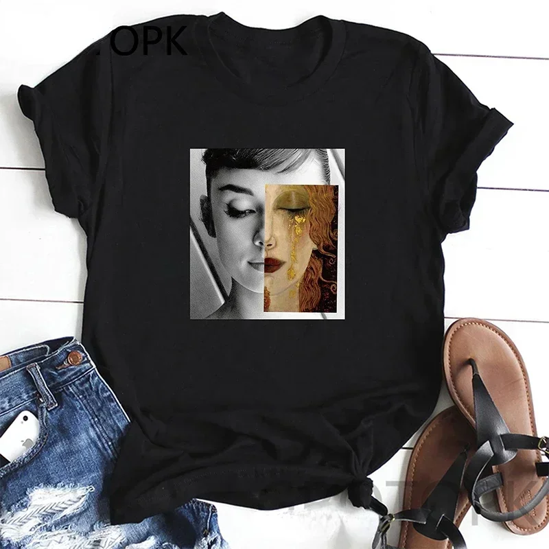 harajuku Gustav Klimt And Hepburn Print Tshirt Fashion Short Sleeve T-Shirts Women Summer Design cloth Casual Streetwear