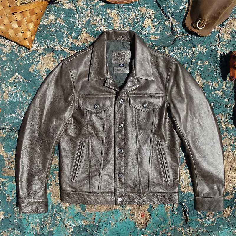 Brown Autumn Leather Jacket Men Vintage Style Plus Size 4XL Genuine Natural Cowhide Single Breasted Leather Coat